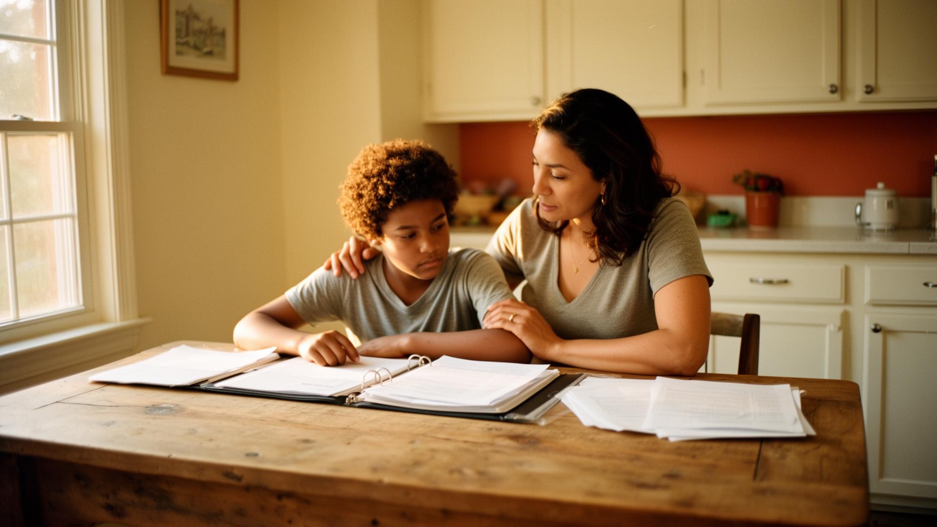 A mother and her child sit together at a Long Island kitchen table, reading through an IEP binder in the warm afternoon light.